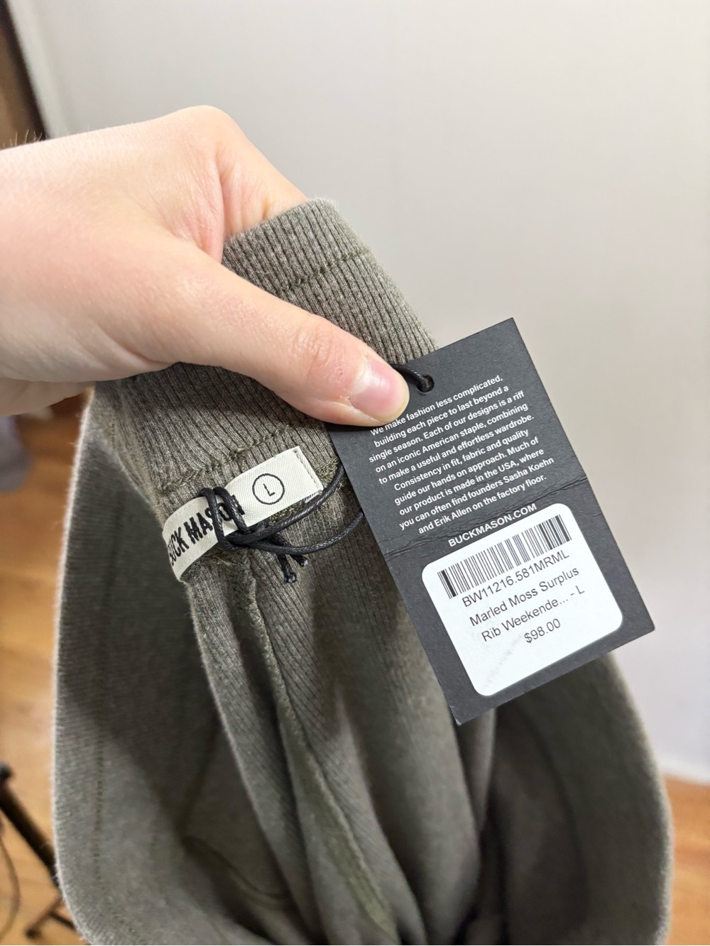 Buck Mason surplus rib weekender pant wide leg pull on cotton L new marled moss - Picture 4 of 5